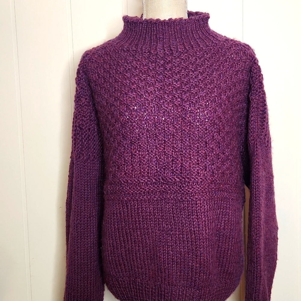 Vintage hand-knit chunky cableknit fisherman's pullover mock neck Purple sweater